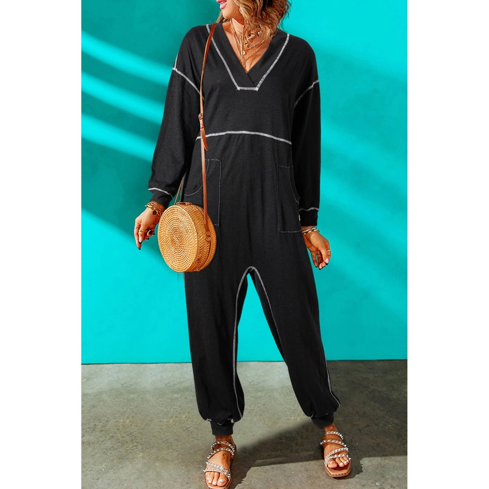 Natural Life Black Cotton Contrast Stitch V-Neck Lounge Jumpsuit XL zz